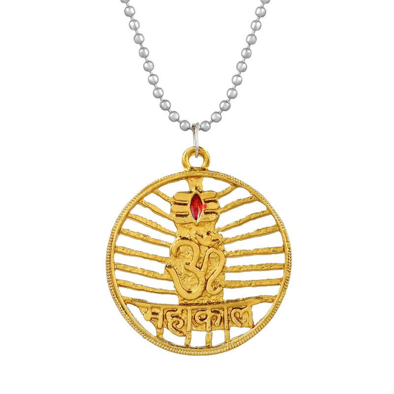 Gold Plated Brass, Round Circel Design with Lord Mahakaal om Pendant locket for temple jewellery Men and Women Gold-plated Brass Locket