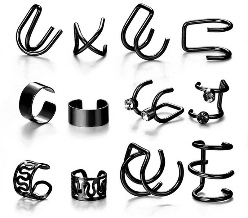 Womens Black Cartilage Clip-On Non Piercing Earrings: Pack of 12 Metal Cuff Earring