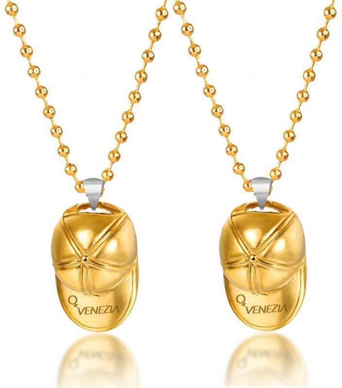Set Of 2 Golden Baseball Head Cap/Peaked Cap Locket Pendant Necklace With Chain Stainless Steel Pendant