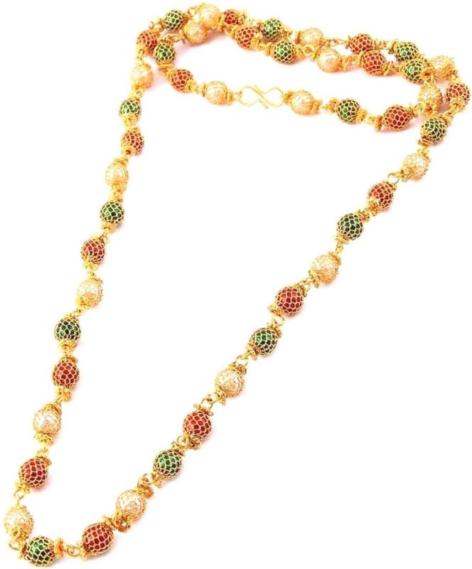 Multicolour Vintage Handmade Ruby Emerald and Pearl Beads Chain Necklace Stone, Alloy Chain