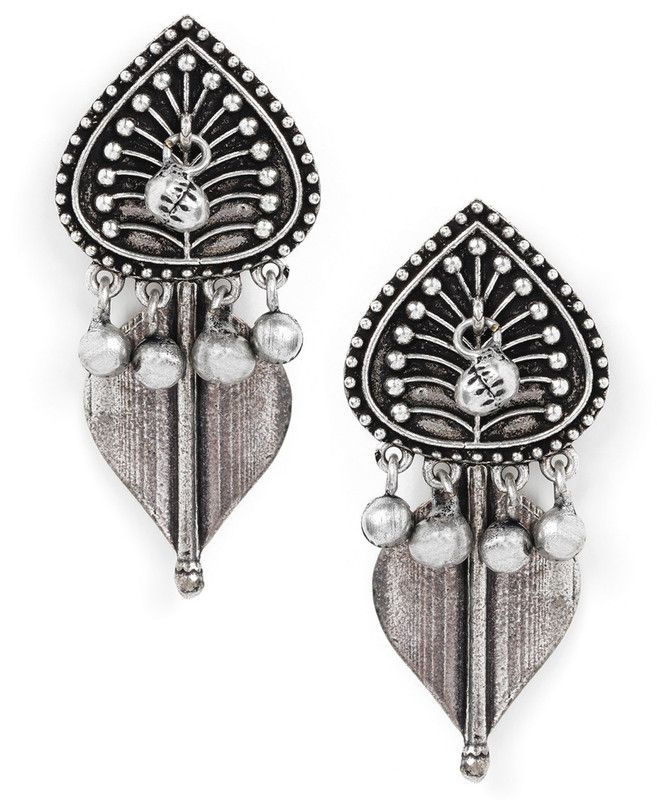Rubans Oxidised Silver Plated Handcrafted Leaf Shape with Ghungroo Drop Earrings Alloy Drops & Danglers