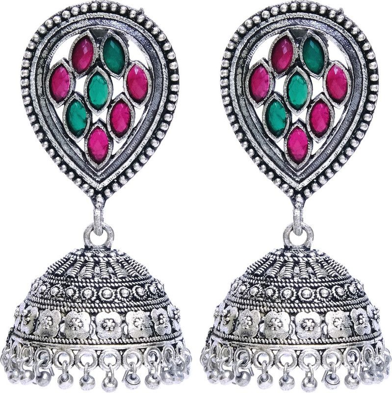 Oxidized German Silver Multi Color Jhumka Earrings Alloy Drops & Danglers