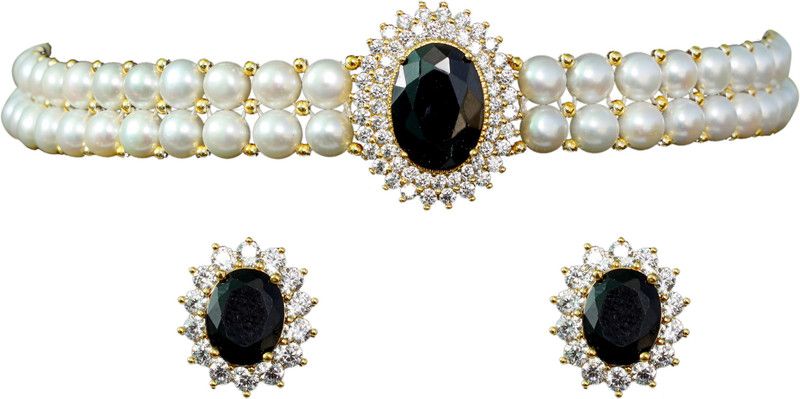 Mother of Pearl Rhodium Black, White Jewel Set  (Pack of 1)