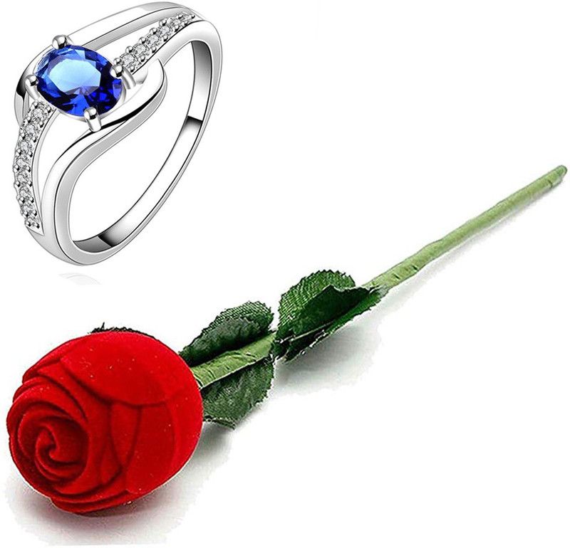 Valentines Gift Combo of Blue Crystal Adjustable Ring Red Velvet Rose Ring Box Metal Crystal Silver Plated Ring
