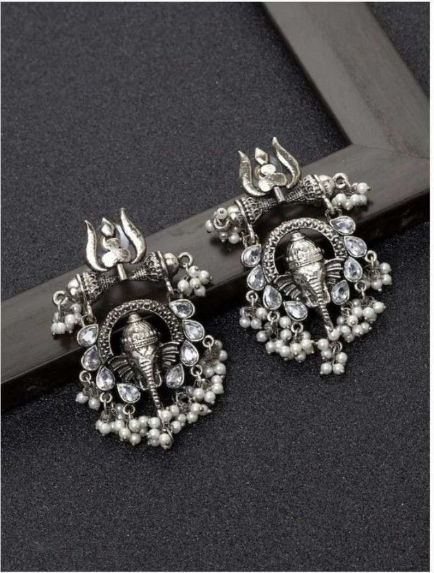Oxidised German Silver Tribal Jhumka White Ganesha Earring Pearl Silver Drop.... German Silver Drops & Danglers
