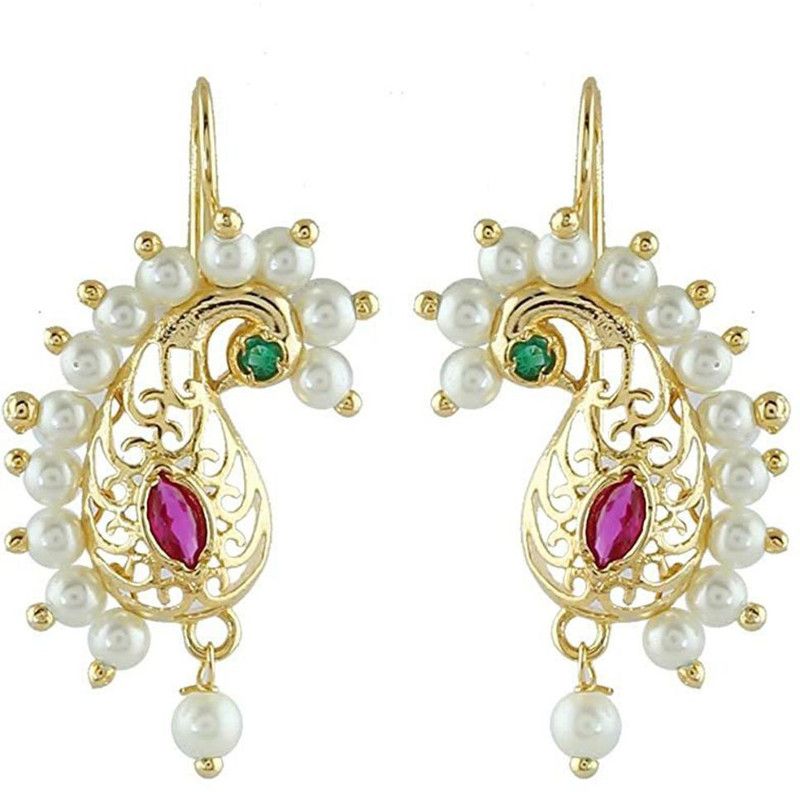 Vama Fashions Pink Colour Peacock Style Maharashtrian Jewellery Bugadi Clip-on Press Type Earrings Studs For Women/Girls Cubic Zirconia Metal Chandbali Earring, Cuff Earring, Clip-on Earring