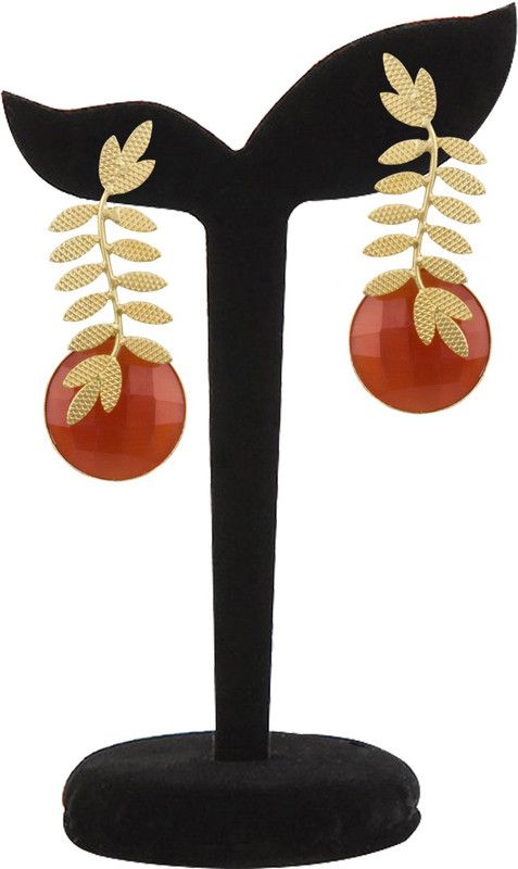 Piah Fashion Matt Gold 
Plated Enticing Leaf Shape Orange Fire Opal Stone Dangling Brass Earring For Women & Girls Brass Drops & Danglers
