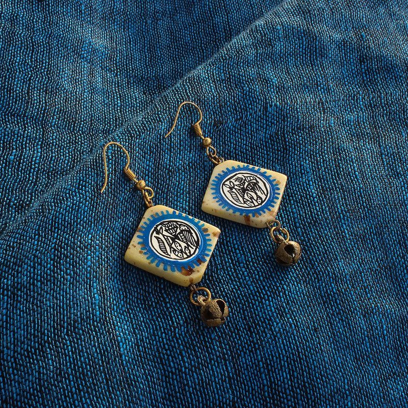 Tribal Warli Squares Bohemian Resin Earrings Hand-painted In Warli Art (Blue & Ivory) Resin Earring Set