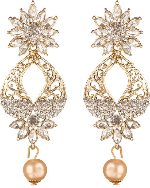 Dazzling Flower Shape White Stone & Pearls Dangle Earring For Women Diamond, Beads Alloy Drops & Danglers