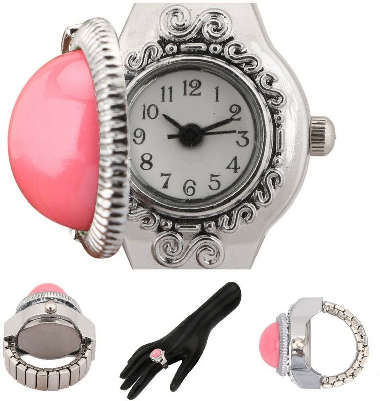 Pink Round Shape Stretchable Designer Analog Finger Ring Watch for Women & Girls Stainless Steel Crystal Ring