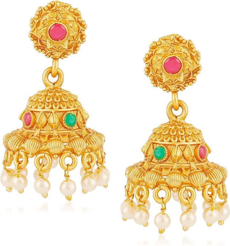 Moti Peacock Kundan Red Green Cubic Zirconia, Pearl Copper, Brass Earring Set, Jhumki Earring