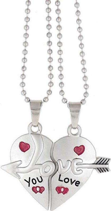 Love Text Couple Locket Set Most Popular Heart Shape Design Pendant Silver Chain Silver Alloy, Brass Locket Set