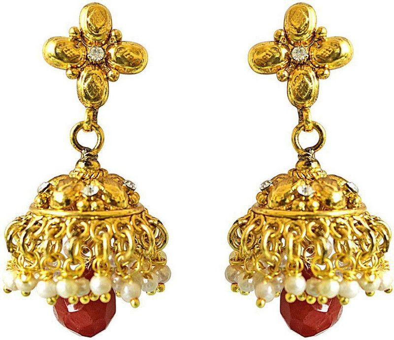 Pragati - Traditional Gold Plated Copper & Red Coloured Stone Jhumki Earring for Women (PSE38) Copper Jhumki Earring