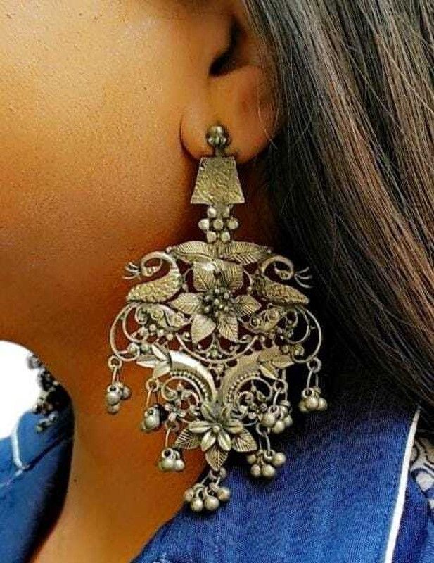 Oxidized Silver Flower Motif Designer Earring German Silver Drops & Danglers
