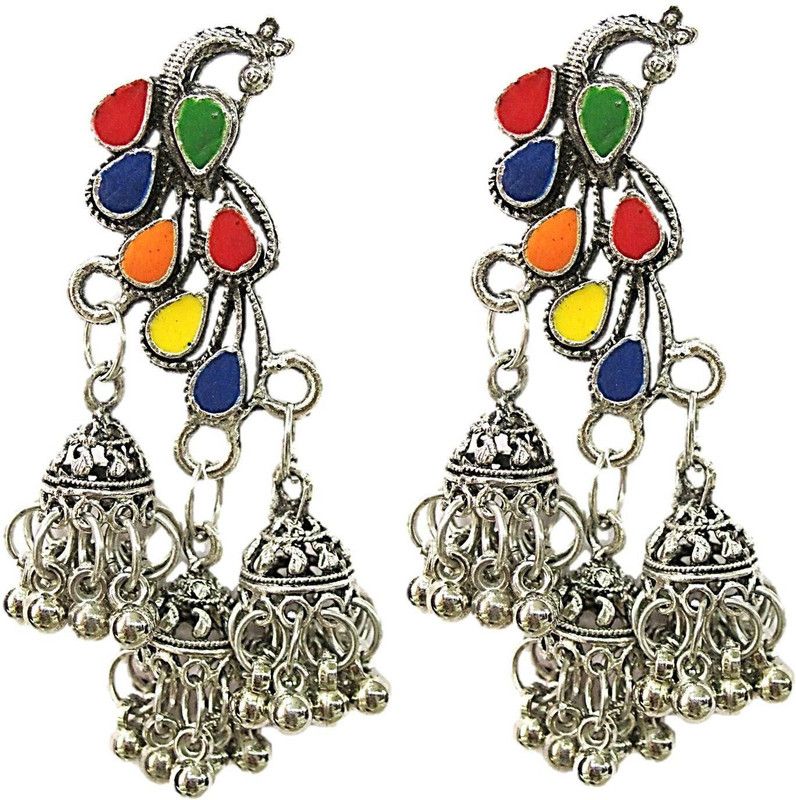 Fresh Collection of Meenakari Silver Peacock design Multicolour Dangling Jhumki Sterling Silver Jhumki Earring