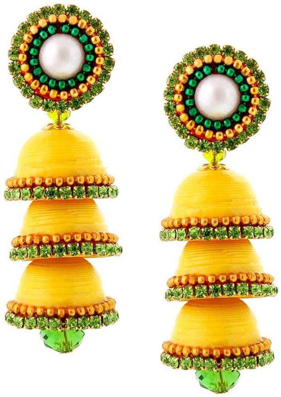 Hancrafted Paper Quilling Yellow Triple Jhumka Paper Drops & Danglers
