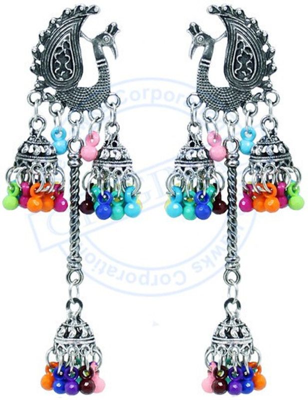 Oxidised Multicolor Jhumka/Jhumkas Silver Earrings/Earring Peacock Design Jhumki German Silver Earring Set