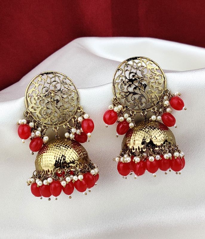 Long and Big Earrings Jhumka-Red Alloy Jhumki Earring