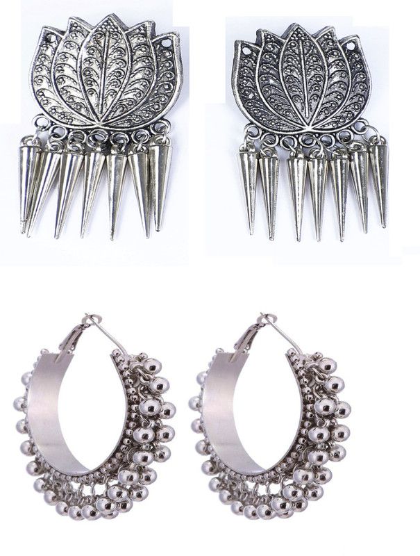 Combo Of 2 German Silver Lotus Oxidized Boho Afghan & Ghungru Bali Stud Earrings Brass Earring Set