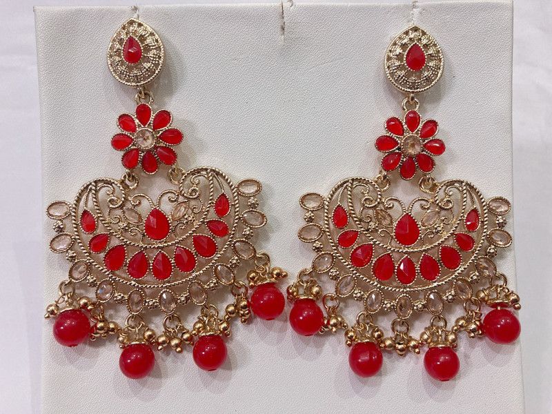 Chandbali gold plated earrings with red pearls Metal Chandbali Earring