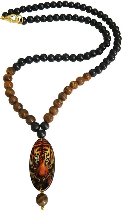 Tiger Design Pendant With Tiger Eye Stone Black Onyx Beads Mala Wood, Crystal Pendant