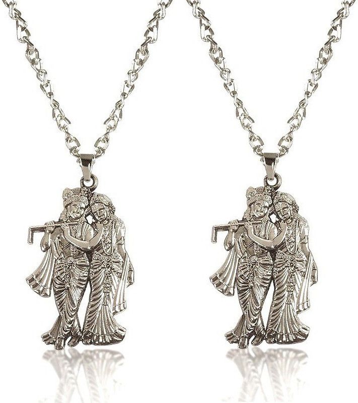 (Set Of 2) God Shri Radha Krishna/Thakur Ji/Govinda Basuri/Murli Locket Pendant Silver Stainless Steel Pendant Set
