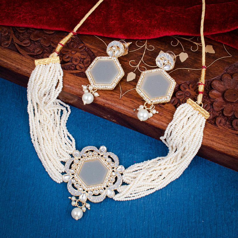 Brass Gold-plated White, Grey Jewel Set  (Pack of 1)