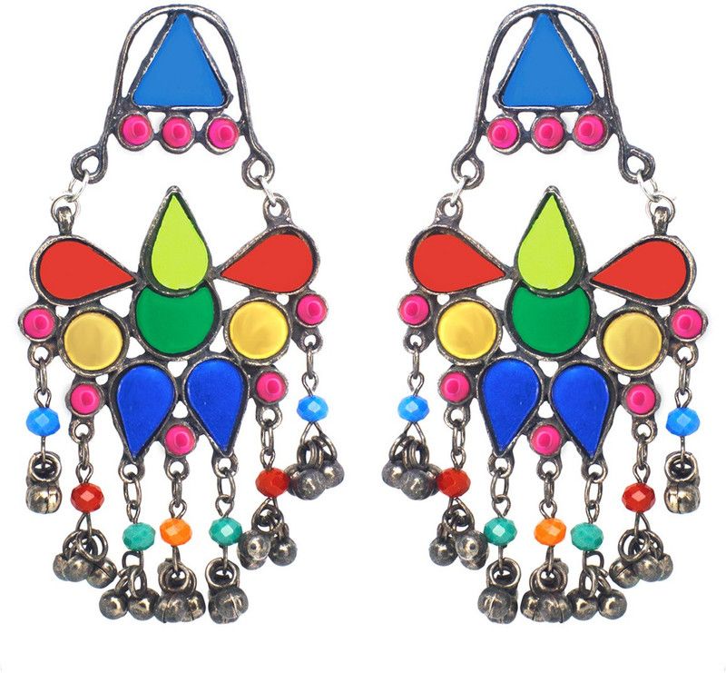 Silver Oxidised Tribal Design Multi Colour Dangler Earrings For Women Metal Earring Set