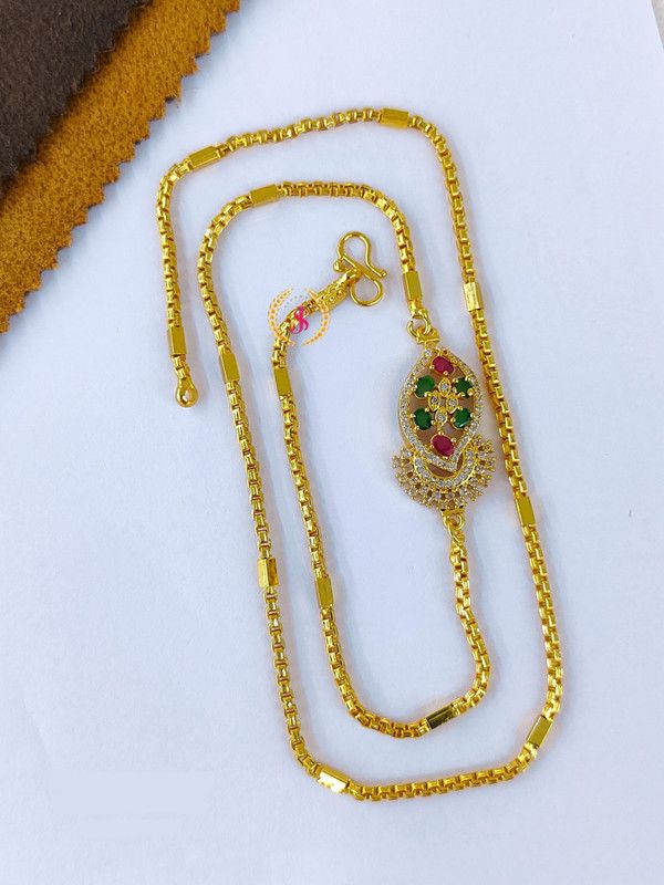 MOHINI MOP M.S. CHAIN PENDANT 24" inch (MOPU NECKLACE/Maangalyam/Murukku Chain) Cubic Zirconia Gold-plated Plated Brass Necklace