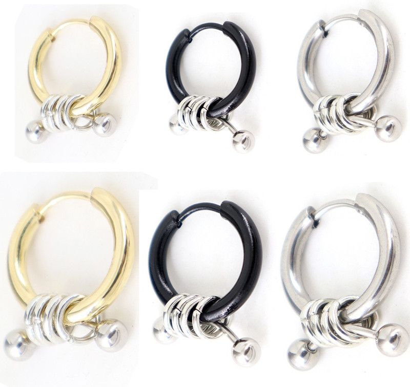 New Designed Hip Hop Round Shape Black, Gold & Silver Bali For Men & Boys 3Pair Stainless Steel Earring Set