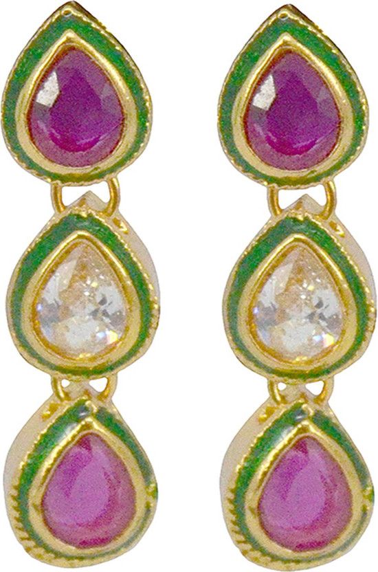 Hi Gold White Ruby Enamel (Meena) Brass Drops & Danglers