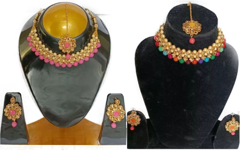 Brass Gold-plated Pink, Multicolor Jewel Set  (Pack of 1)