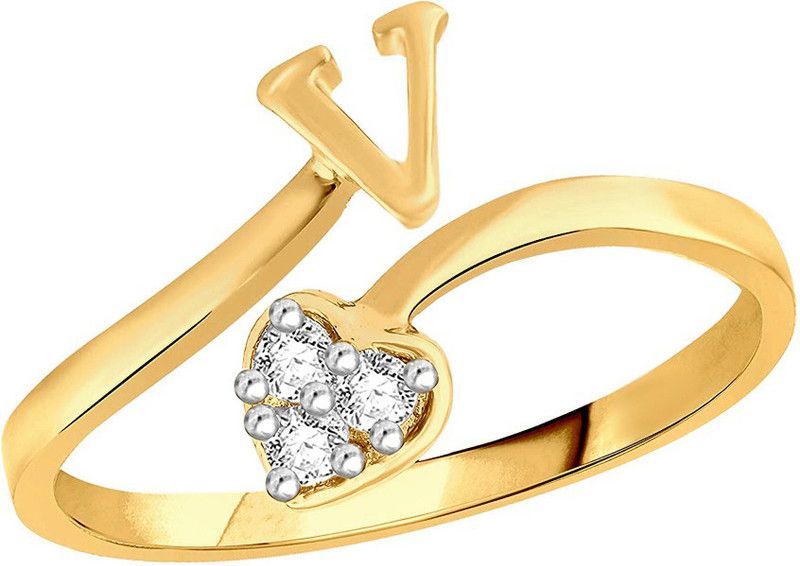 l Heart Alphabet 'V' Adjustable Ring for Women and Girls Brass, Alloy Cubic Zirconia Gold Plated Ring