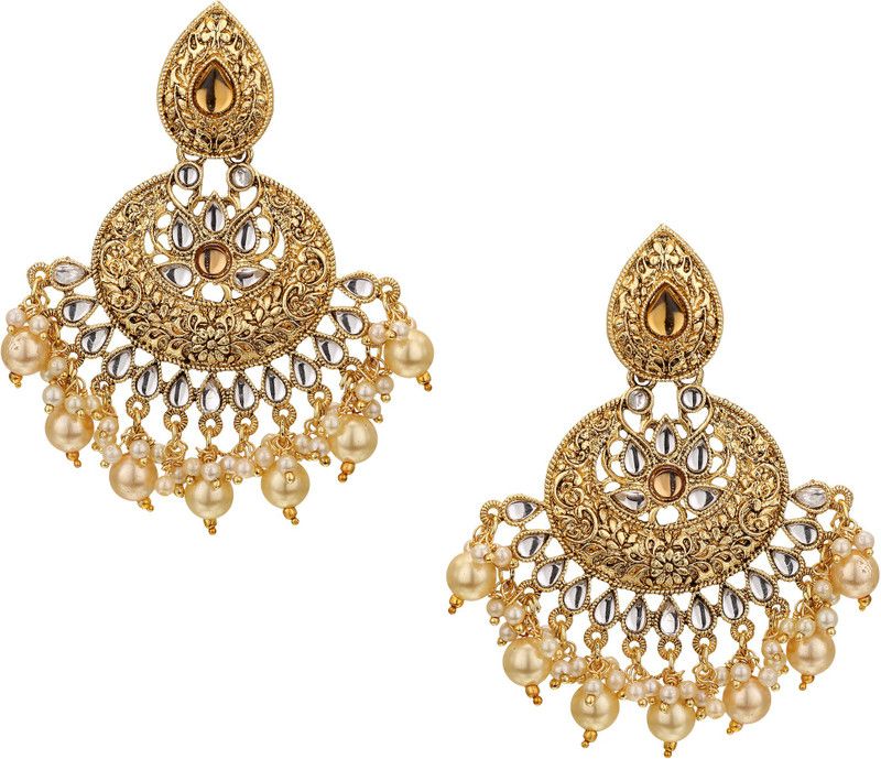 Embellished Kundan Pearl Chandbali Earring for Women Girls Brass Drops & Danglers