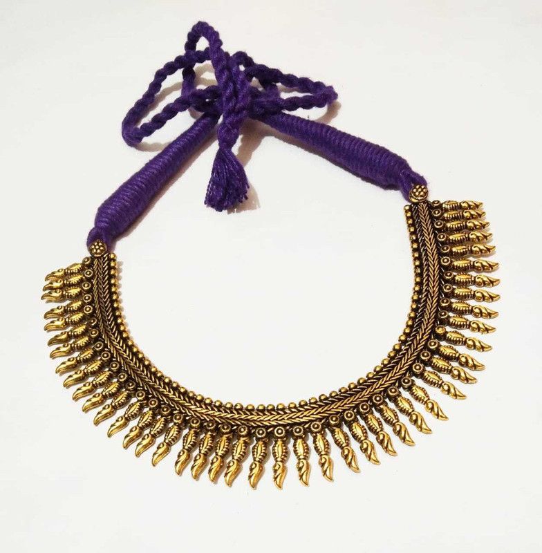 Purple Thread Antique Gold oxidised Necklaces golden finish Ethnic Choker Festival Thread Women Fashion Jewellery Brass Plated Brass, Fabric Choker