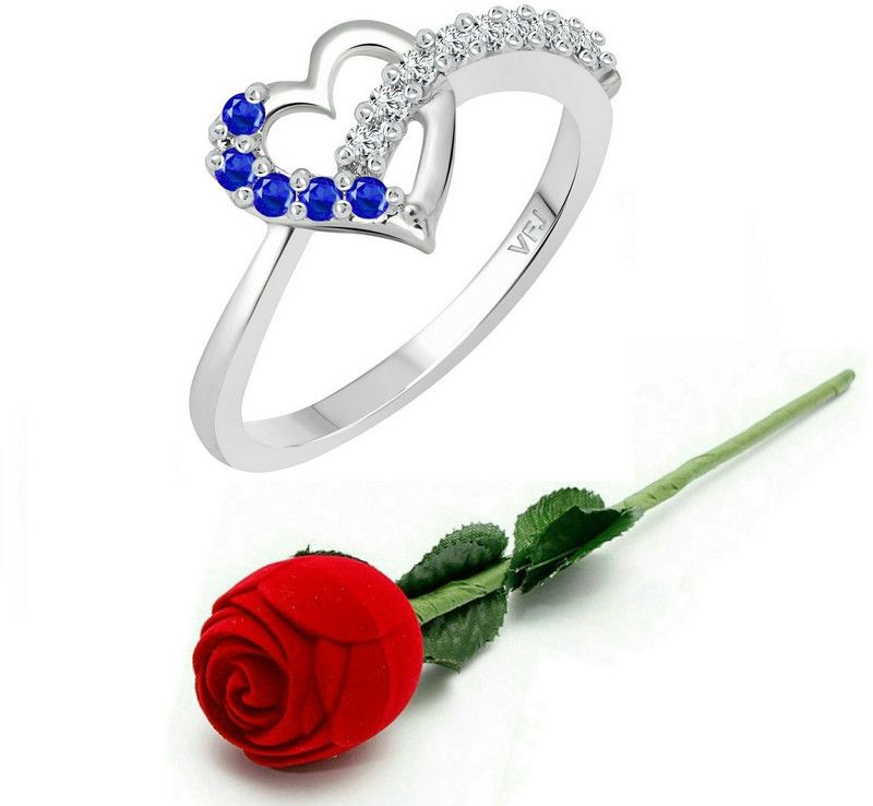 Blue Stone Heart Ring with Rose Ring Box for Women and Girls Alloy, Brass Cubic Zirconia Platinum Plated Ring