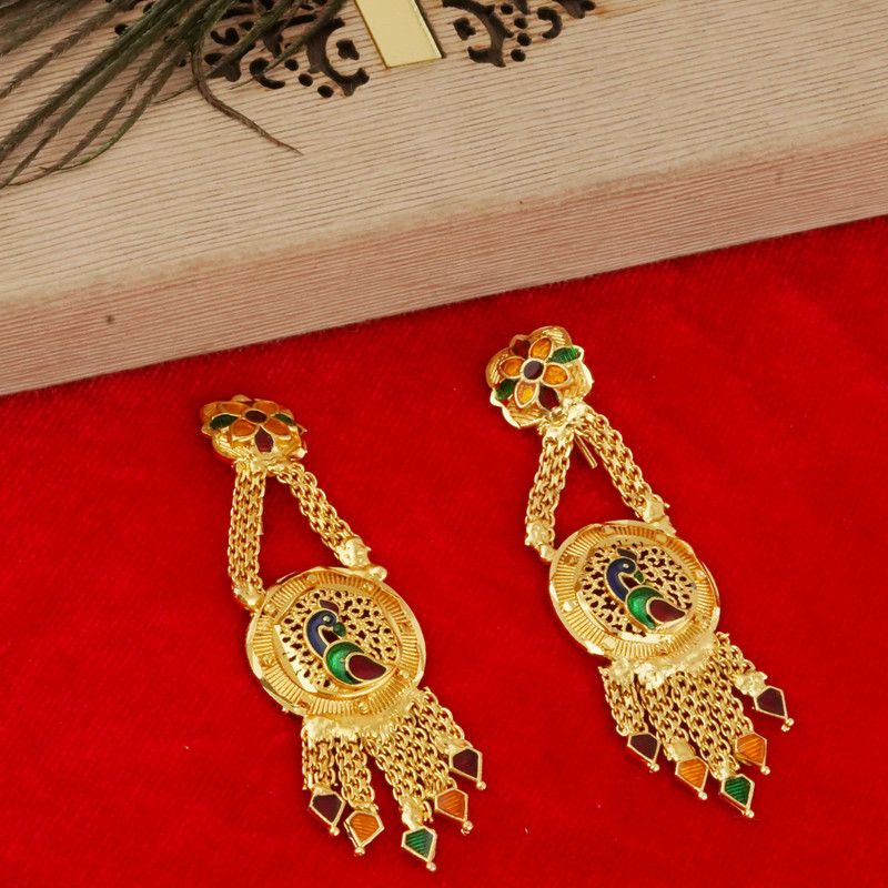 Traditional Brass Original Look Peacock Meena Earrings For Women Brass Drops & Danglers