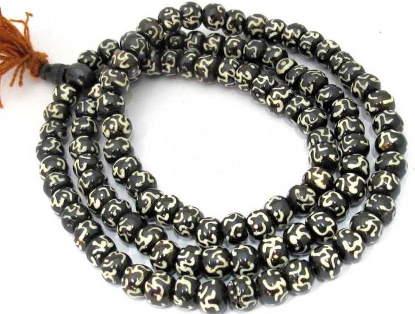 Tibetan Black Mala/ Rosary with Om Printed Design for Japa/ Chanting Mala Glass Necklace
