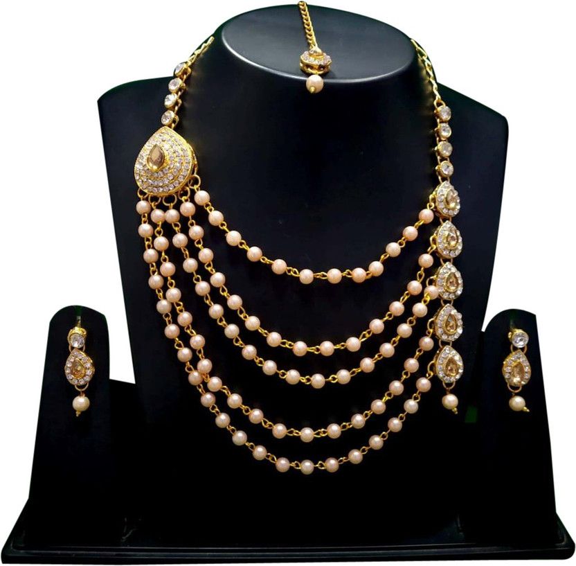 Alloy Gold, White, Pink Jewel Set  (Pack of 1)