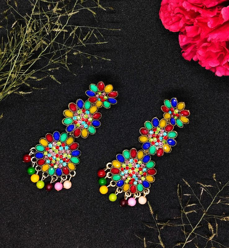 Flower Design Hanging Earrings With Multi Colour Beads for Women & Girls Alloy Drops & Danglers