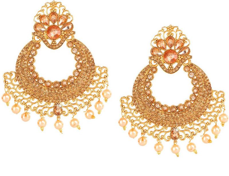 Latest Designer Stylish Party Wear Kundan Full-Studded Pearl Chandbali Earrings Pearl Copper Chandbali Earring