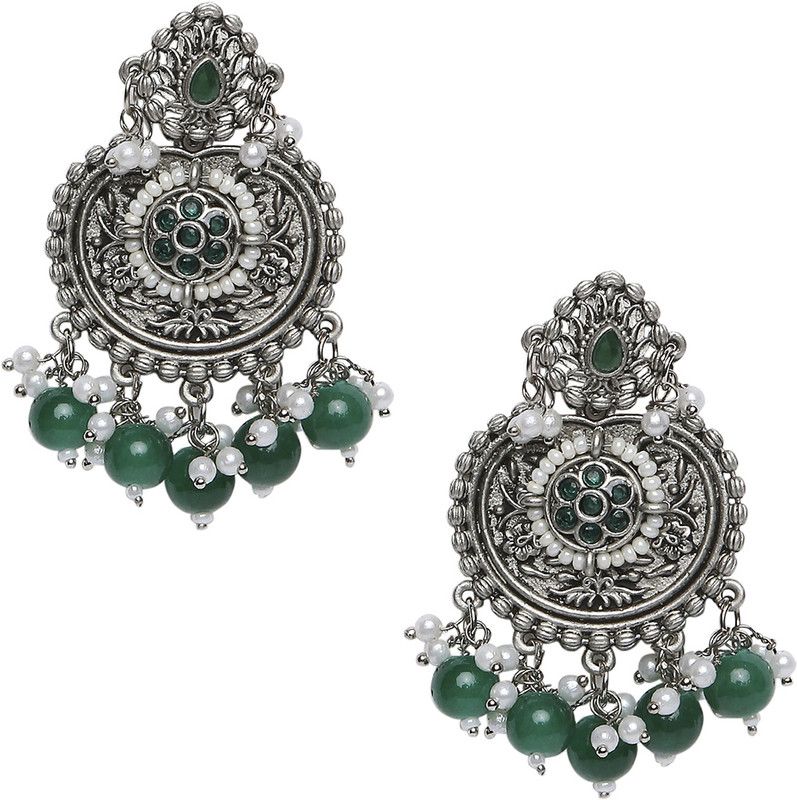 Oxidised Silver Green Stone & Pearls Beads Pearls Floral Ethnic Beads, Crystal Alloy Drops & Danglers