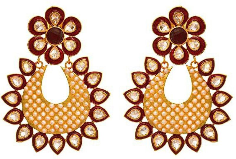 One Gram Gold Plated Meenakari Diamond & Pearls Designer Earring For Women. Cubic Zirconia Copper Drops & Danglers