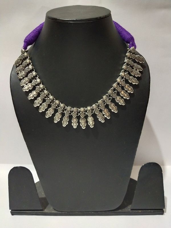 oxidized silver necklace choker style with adjustable cotton thread Metal, Dori Choker