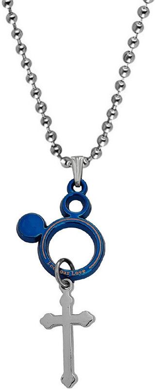 Religious Crusifix Cross With Ring Blue And Silver Pendant Chain Rhodium Stainless Steel Pendant