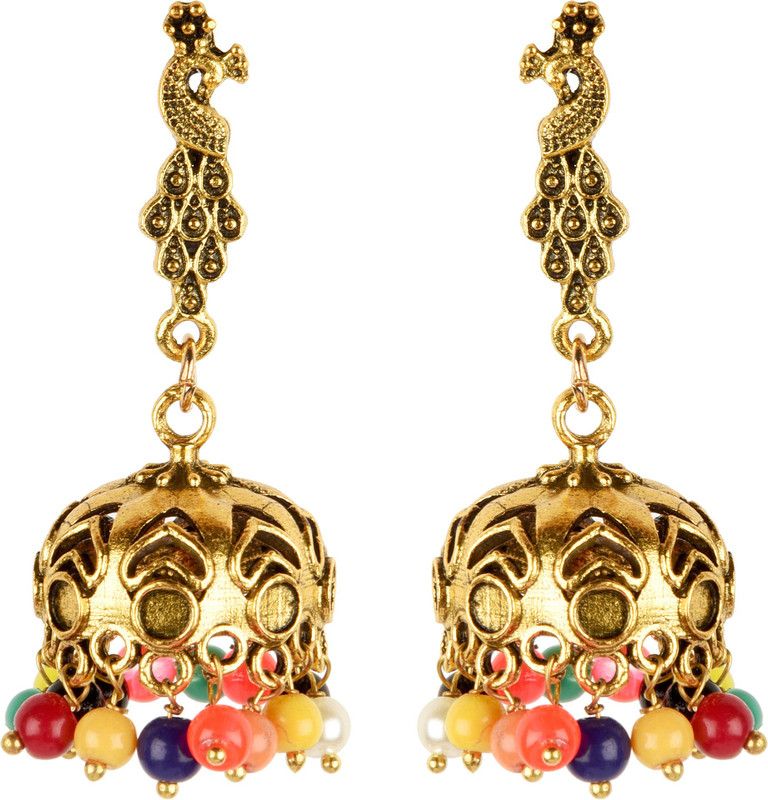 Fine peacock Gold Design traditional wear Multicolour Pearl Stone, Sterling Silver Jhumki Earring