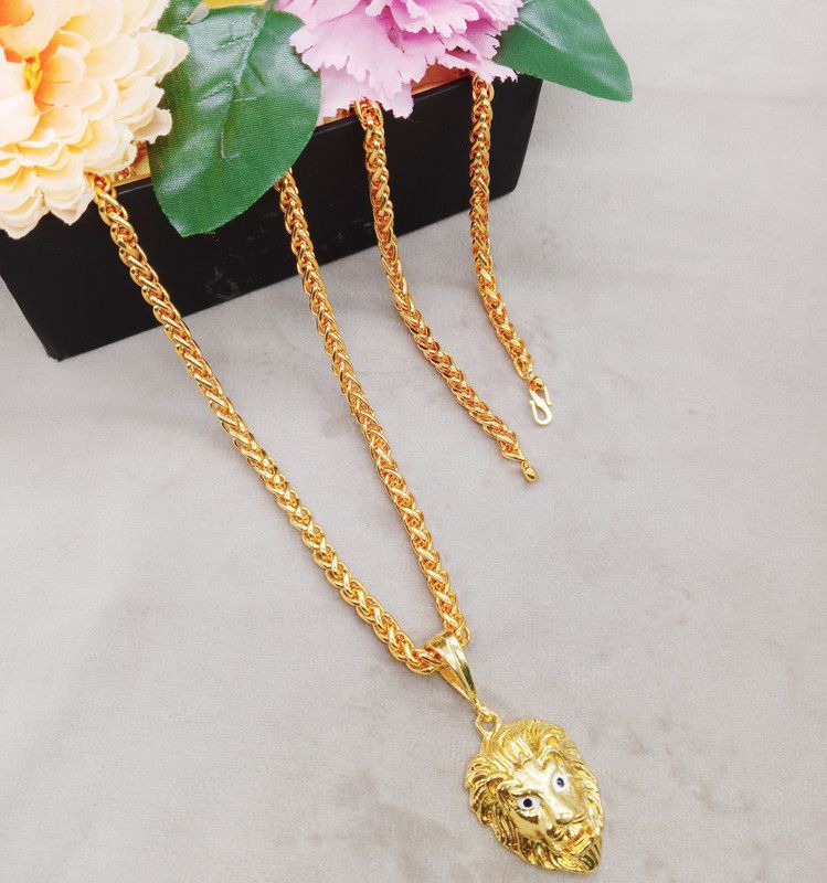Pendant Lion Locket Chain Gold Plated Jewelry for Men , Boys -100167 Gold-plated Metal Pendant Set