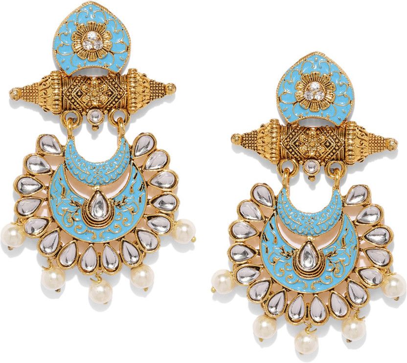 Attractive Kundan Gold Plated Meenakari Chandelier Pearl Alloy Drops & Danglers