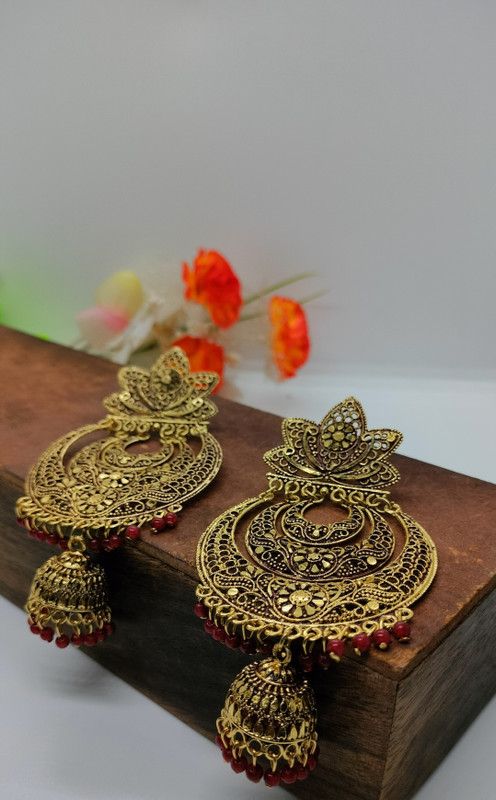 Big Round Gold & Red Jhumka | Gold Round Turkish Bells Indian Earrings Alloy Drops & Danglers