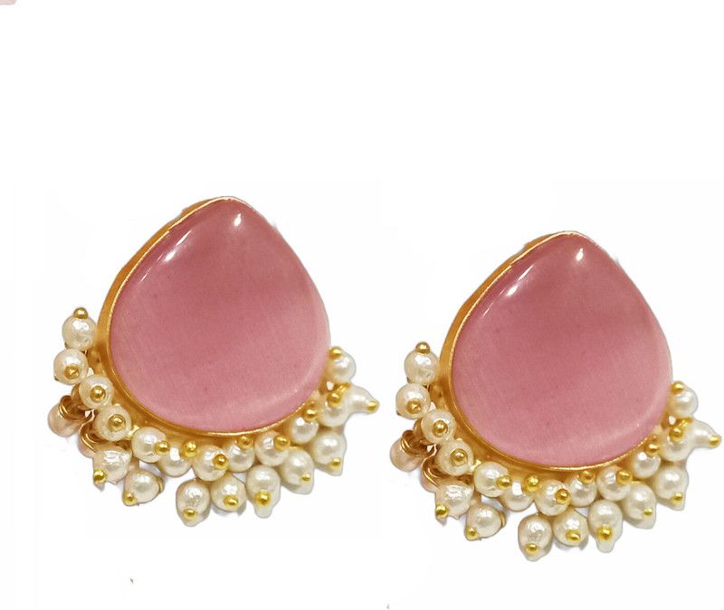 Pearl Drop Pink Stone Gold Plated Wedding Big Stud Earring for Women and Girl Alloy Stud Earring